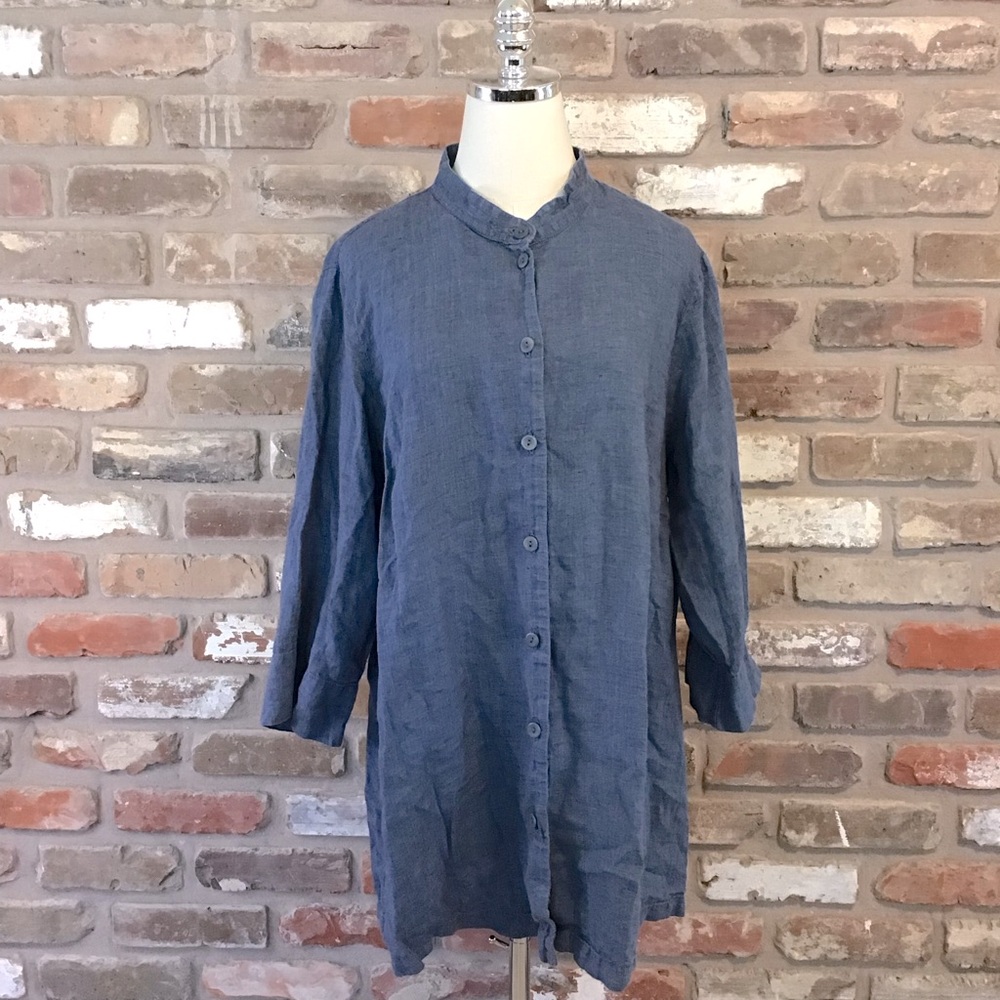 Flax Blue Button-Front Linen Tunic - Picture 3 of 7